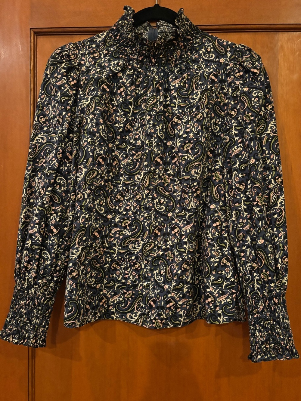 Veronica Beard Cotton Paisley/Floral Smocked-Neck Blouse Size 6